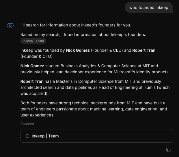 Citation artifact rendered as an interactive card in the Inkeep widget showing source attribution